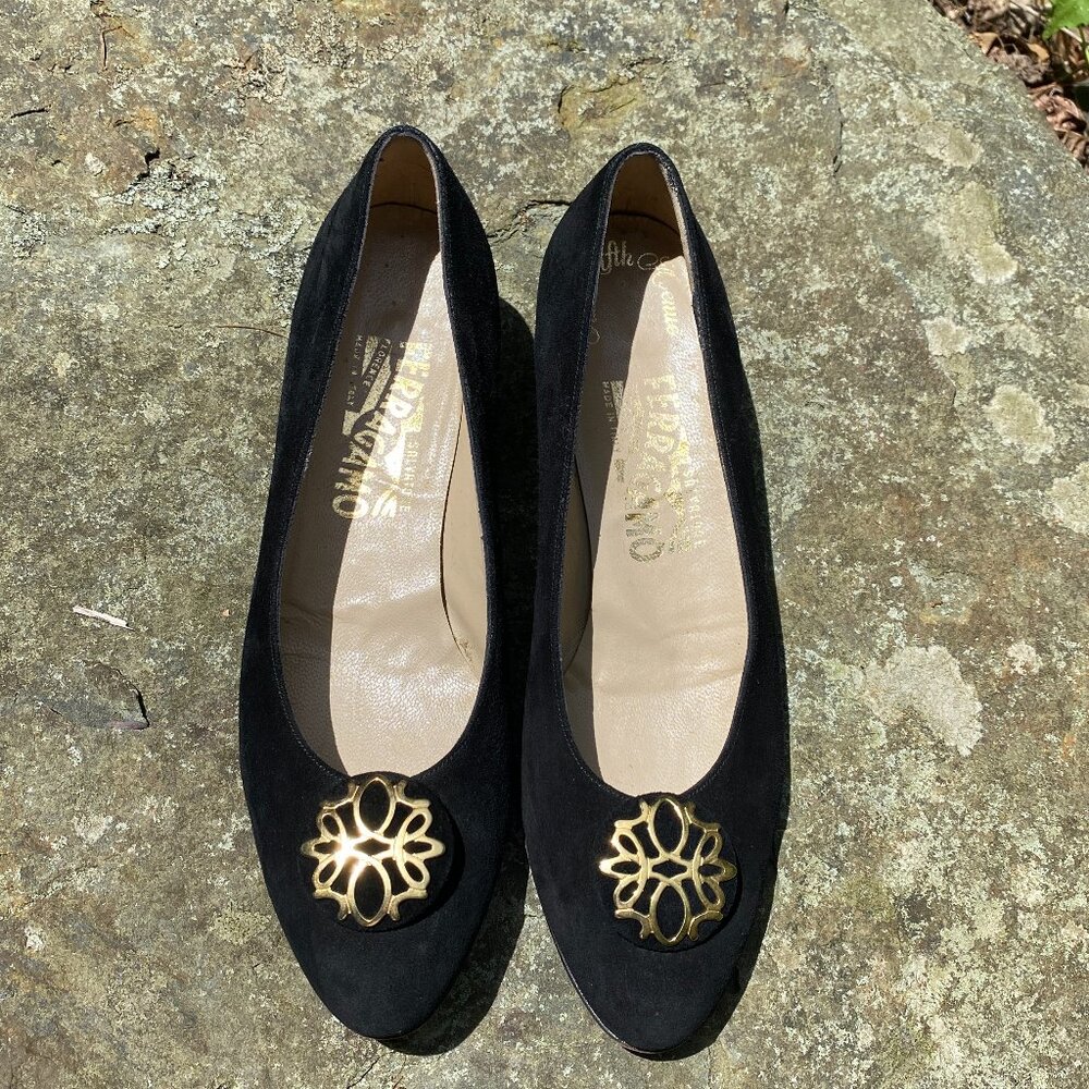 1980's Ferragamo Black Suede Wedge Heel Flats